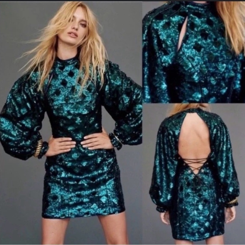 Free People Teal Sequined Chantes Holiday Backless Blouson Sleeves Dress Size 2